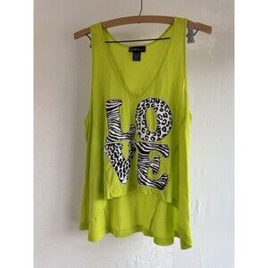 2000s Y2K Self Esteem Neon Green Animal Print Tank Top Medium high Low Top